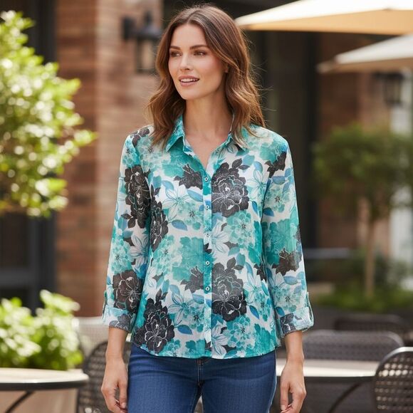 Additions by Chico’s Floral Button-Up Blouse women’s XL (Chicos size 3) sheer - Picture 1 of 5